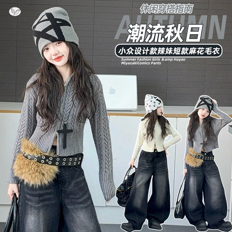 女童秋季新款休闲麻花拉链毛衣套装中大童春秋连帽针织外套阔腿裤