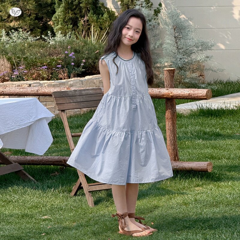 女童背心裙2026夏新款中大童无袖连衣裙纯色薄款公主裙海边沙滩裙