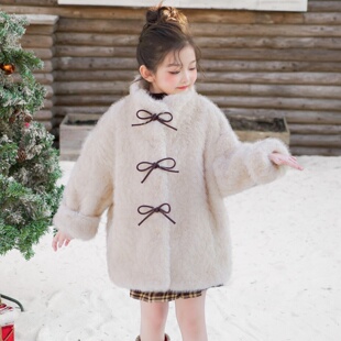 女童冬装保暖皮毛一体外套儿童粉色皮草棉服宝宝加厚小中童毛毛衣