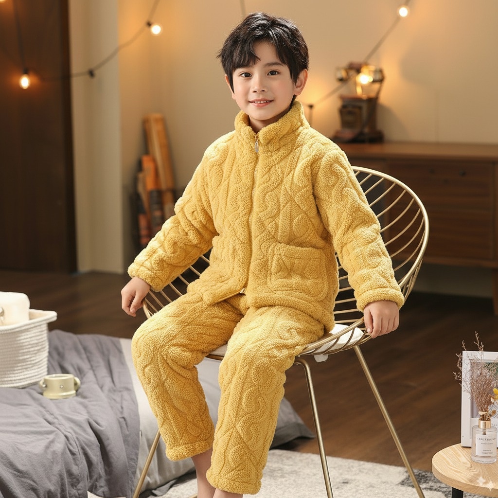 秋冬长款水晶法兰绒夹棉套装男女孩童家居服加厚睡衣保暖三层两件