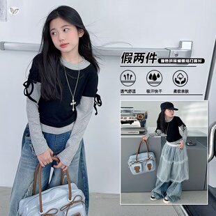 女童春装2026年新款撞色蝴蝶结打底衫解构牛仔裤套装中大儿童春秋