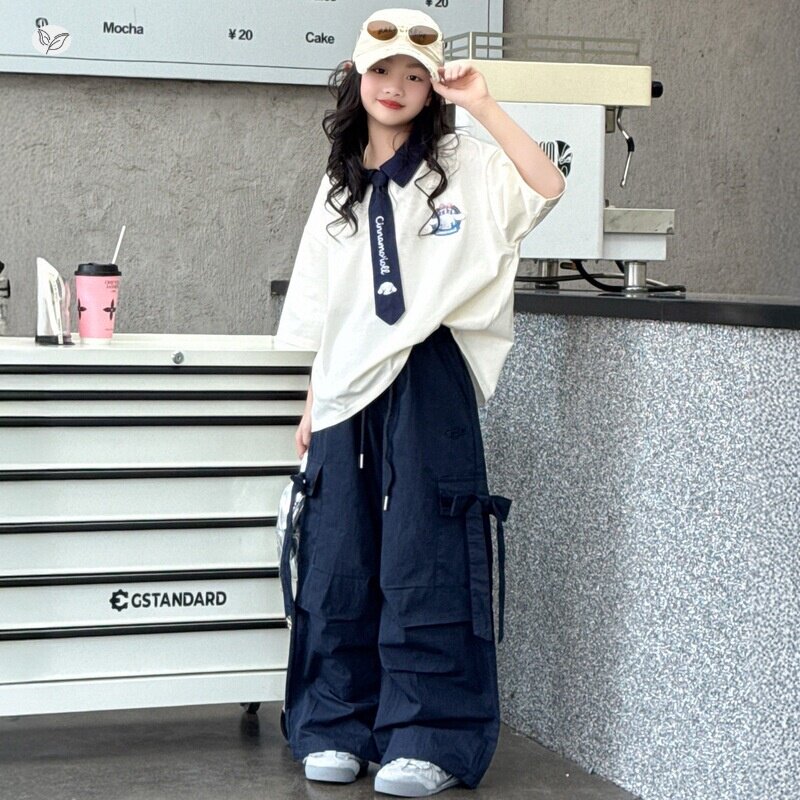 女童蝴蝶结工装裤2026年春夏新款中大童甜酷领带T恤阔腿裤两件套