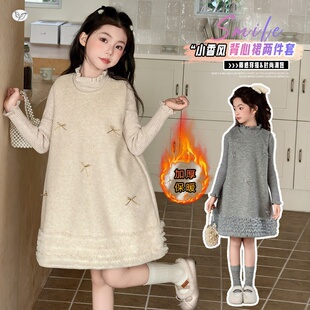 女童加厚背心裙2026年秋冬新款中大童蕾丝花边呢子裙蝴蝶结连衣裙