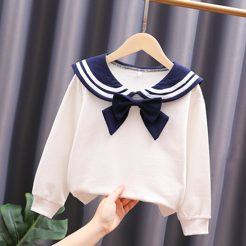 女童卫衣春秋款纯棉百搭海军风娃娃衫儿童洋气白色宽松休闲上衣潮