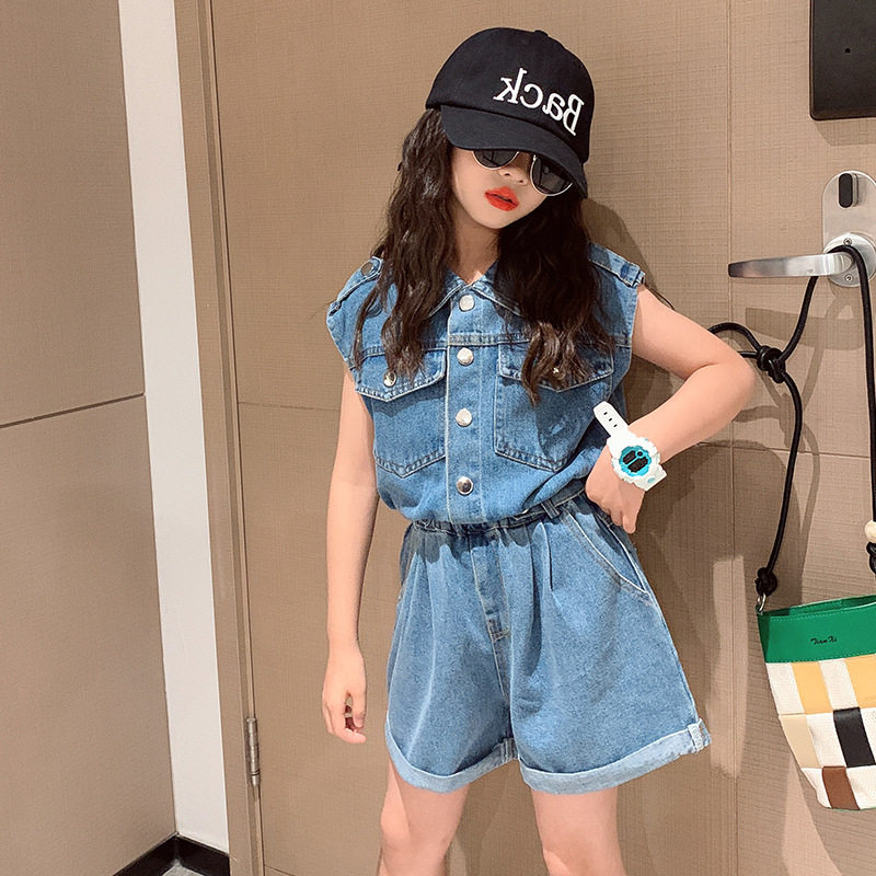 跨境外贸童装女童韩版套装夏款中大童牛仔马甲无袖短裤两件套潮