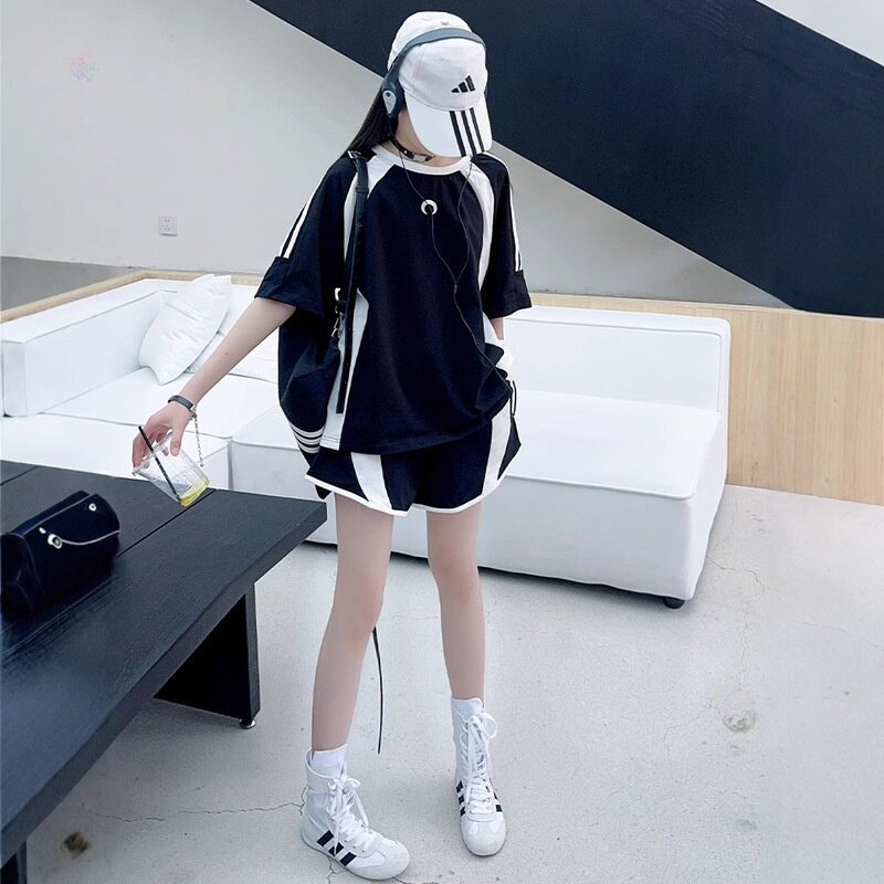 女大童运动套装2026夏季新款女孩宽松上衣短袖T恤短裤子两件套潮