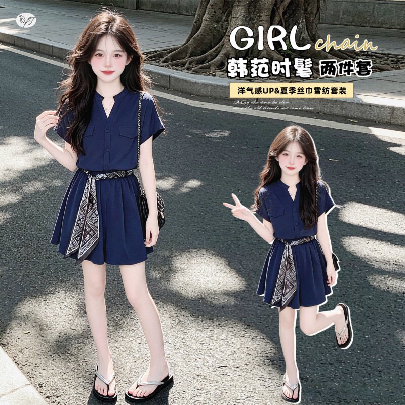 女童雪纺套装2026夏季新款中大童韩系V领衬衫T恤三分裤短裤两件套