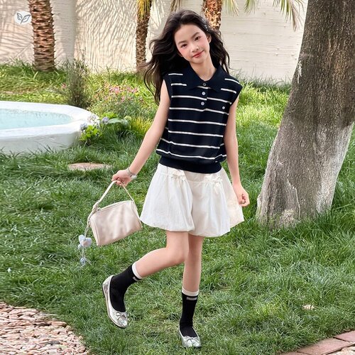 女童无袖条纹polo衫蝴蝶结裙裤套装2026夏新款中大童背心三分短裤