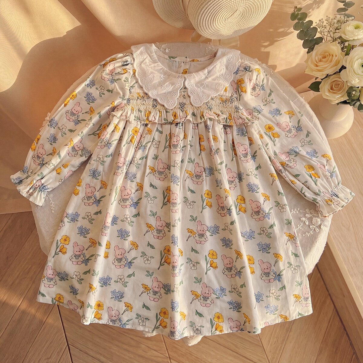 女童连衣裙2026秋款韩版童装兔子印花花边领打揽甜美长袖儿童裙子