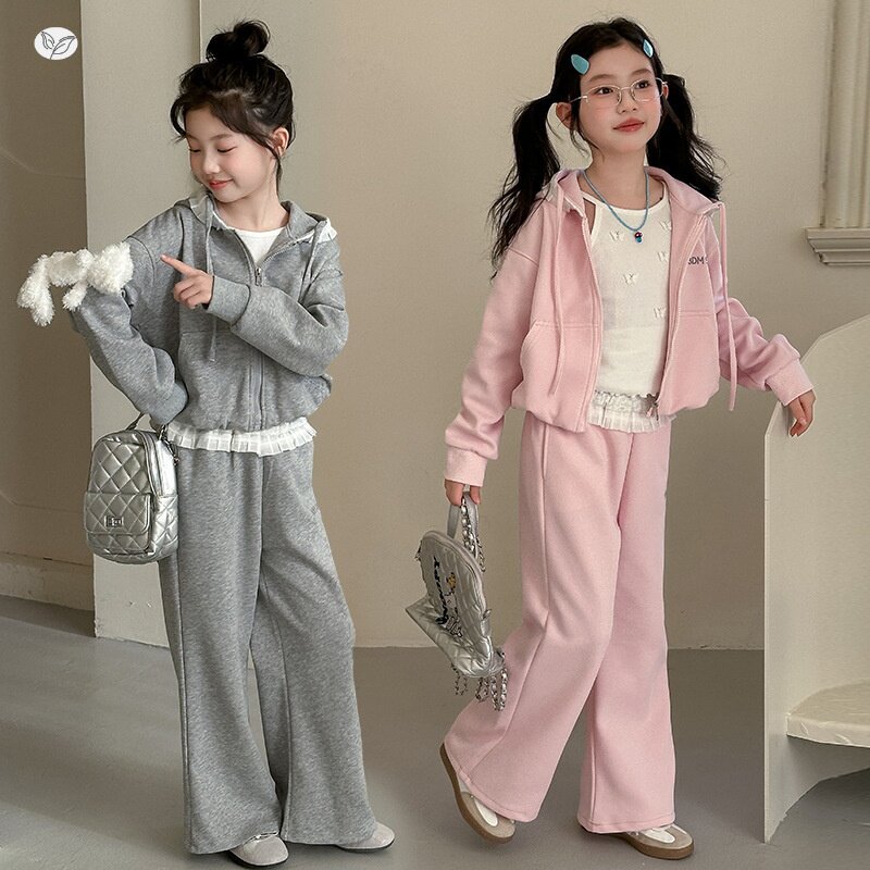 女童花边运动套装2026年春秋新款中大童连帽卫衣微喇裤两件套韩系