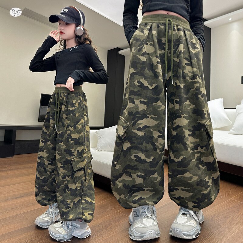 女童迷彩工装裤春秋季2026新款大口袋阔腿裤中大童宽松直筒裤长裤