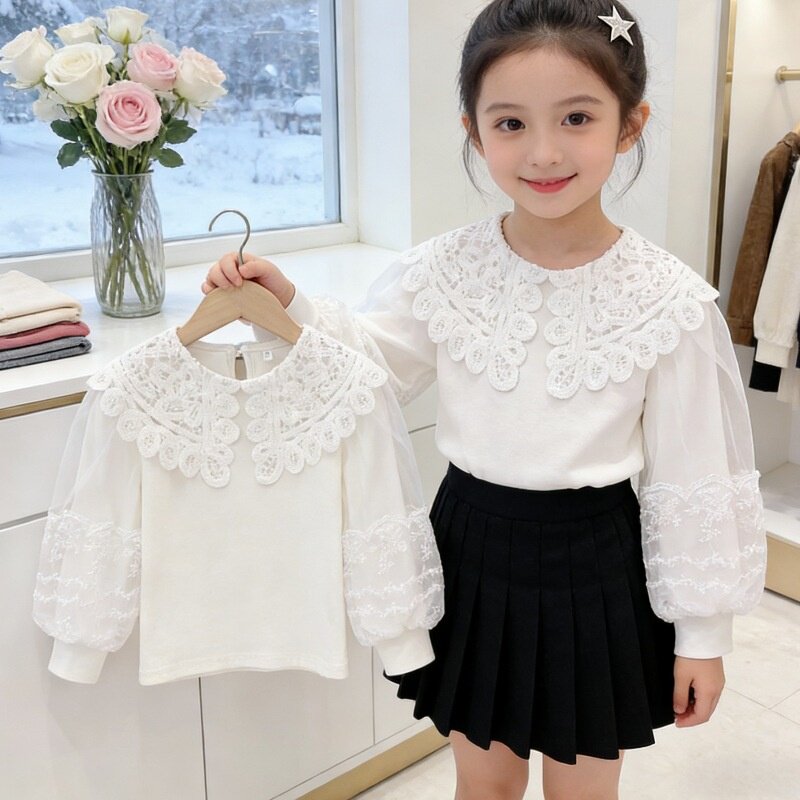 高档女童春季T恤洋气儿童女孩长袖白色内搭纯棉灯笼袖上衣可外穿5