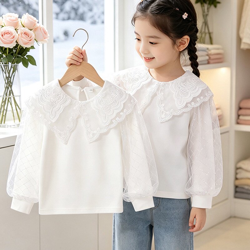 高档纯棉童装女童长袖上衣春秋新款儿童翻领白色公主T恤时尚女孩6