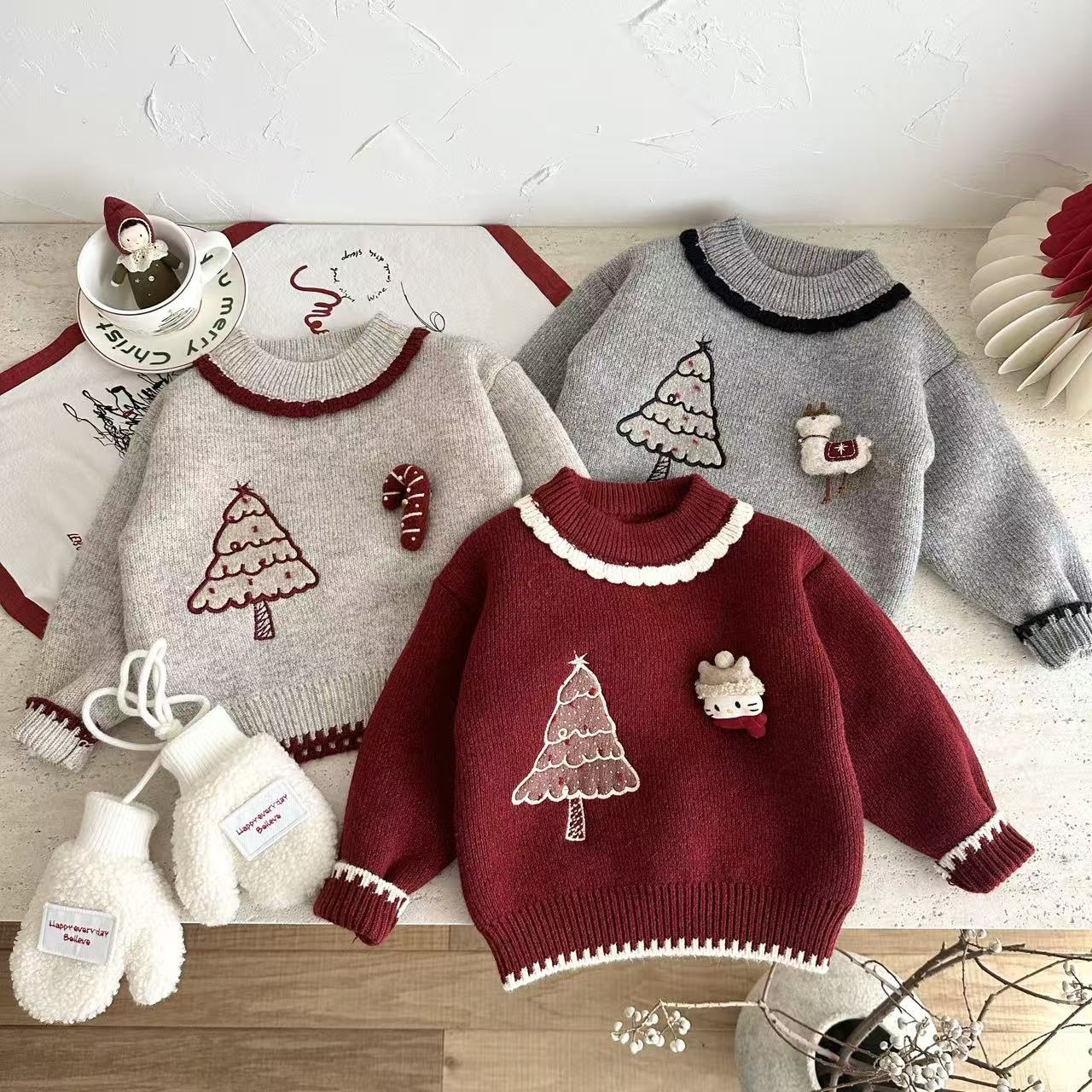 宝宝毛衣秋冬款女童德绒加厚圣诞树儿童可爱套头针织毛线衣打底衫
