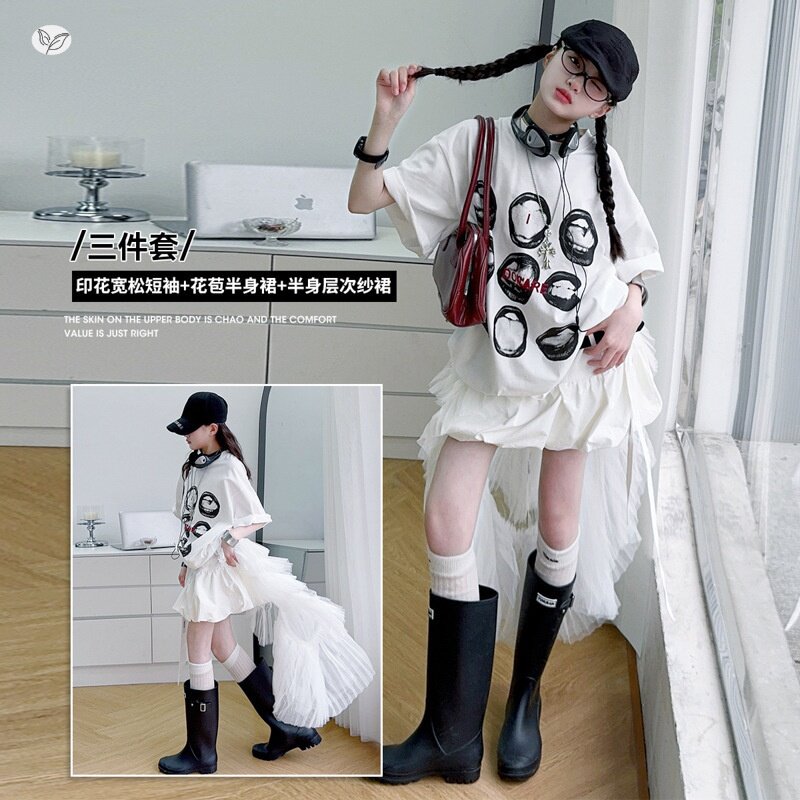 女童2026夏季当季卡通印花短袖层次感腰封纱半身裙褶皱花苞裤叠穿