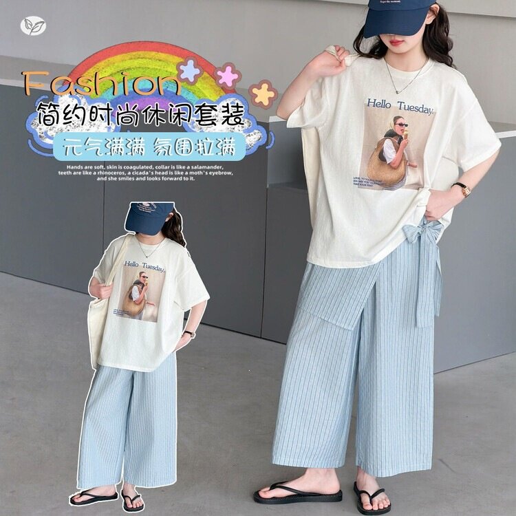 女童短袖套装夏季2026新款大童休闲八分裤子棉T恤洋气夏天儿童新