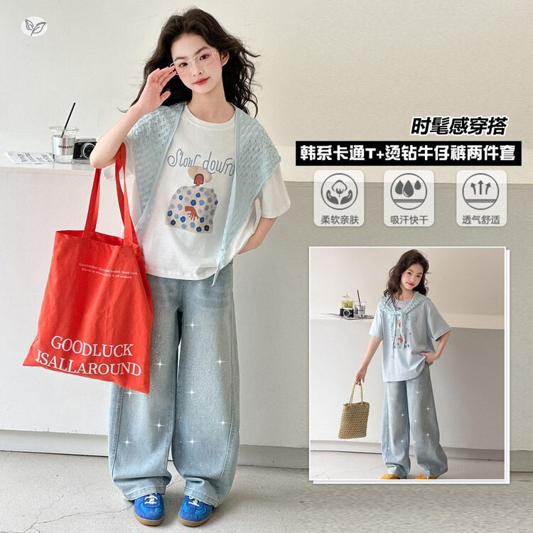 女童2026年夏季新款洋气印花短袖T恤送披肩套装烫钻牛仔阔腿裤潮