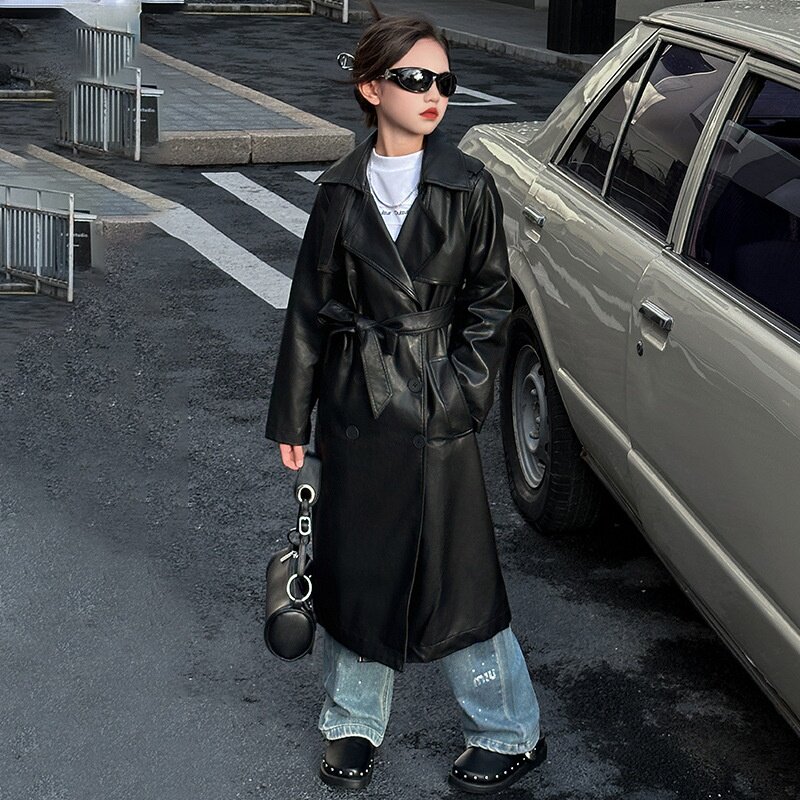女童春秋款皮衣2026新款韩版中大童时髦过膝长款收腰风衣少女外套
