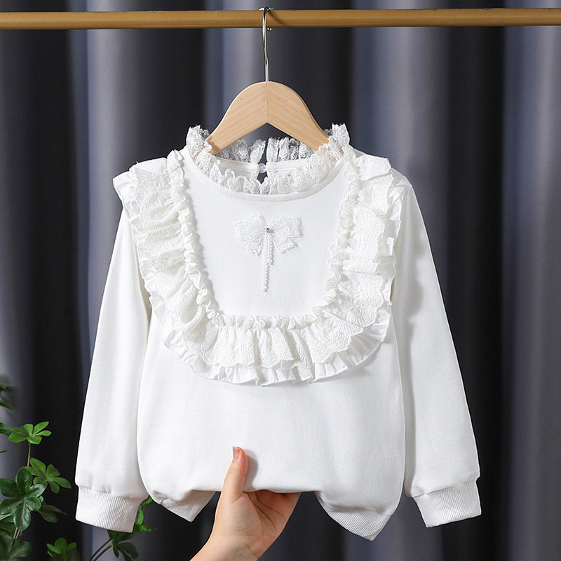 2026春秋款女童白色卫衣时尚儿童立领打底衫女孩蕾丝花边长袖上衣