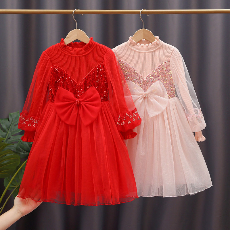 女童公主连衣裙春秋宝宝新款儿童衣服秋装洋气红色喜庆毛衣裙子