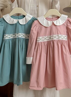 法式滕条花刺绣娃娃领女童连衣裙2026春款撞色纯棉甜美公主裙长袖