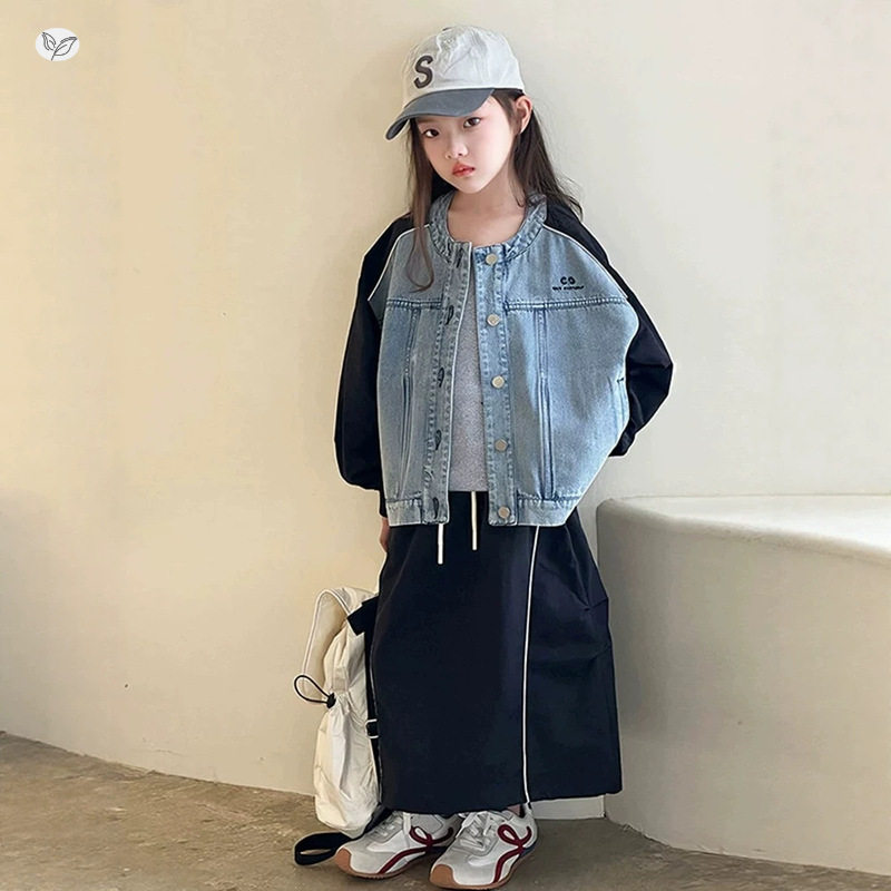 女童2026春夏季新款中大童拼接翻领外套运动风半身裙长裙韩系套装
