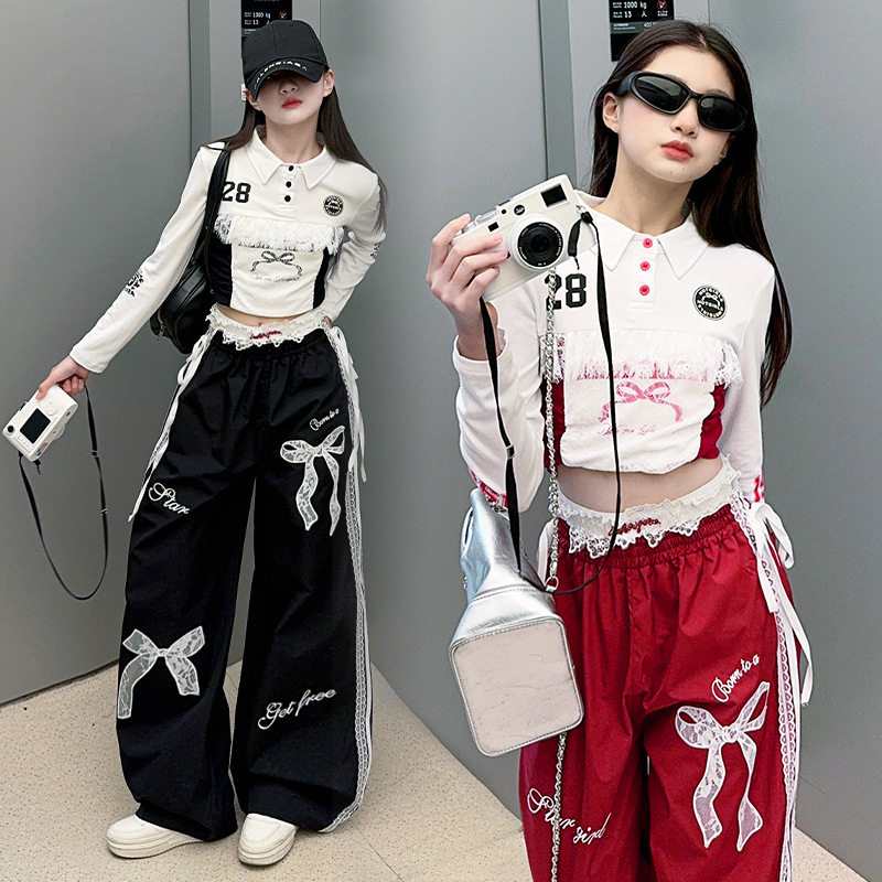 女童套装春款2026新款韩版中大童蕾丝蝴蝶结上衣嵌绳美式阔腿裤潮