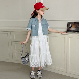 女童甜美吊带连衣裙牛仔花边马甲套装中大童2026夏新款洋气公主裙
