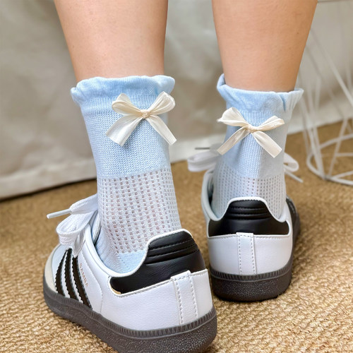 日系蝴蝶结网眼袜子女中筒袜