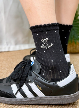 日系黑色波点袜子女蝴蝶结刺绣中筒袜纯棉透气夏天薄款配单鞋