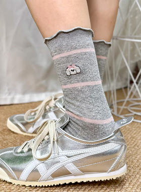 灰色日系木耳边卡通刺绣袜子女中筒袜ins潮百搭夏季薄搭配单鞋jk