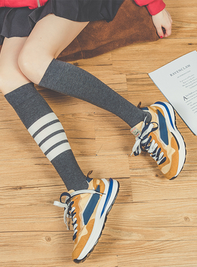 日系条纹JK学院风灰色黑白纯棉中长筒小腿靴袜子女TB堆堆袜ins潮