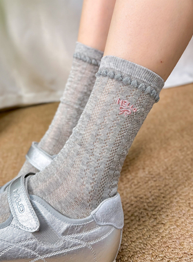 miu系灰色花边袜子女中筒袜网眼刺绣卡通网眼透气夏天薄款配单鞋