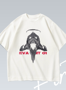 EVA初号机新世纪动漫落肩水洗个性潮流印花重磅T恤男女宽松短袖