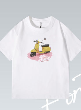 粉色 vespa 摩托骑行美式街头落肩潮流印花重磅T恤男女宽松短袖