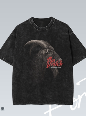 女巫 A24 vintage 电影做旧落肩水洗潮流印花重磅T恤男女宽松短袖