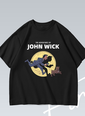 Johnwick 疾速追杀美式潮流落肩水洗印花趣味T恤男女百搭宽松短袖