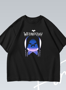 星期三 Wednesday潮牌水洗印花纯棉重磅落肩宽松短袖T恤男女情侣