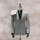 西服套装 英国进口澳洲纯羊毛Fresco强捻浅灰色条纹西装 西裤 量身做