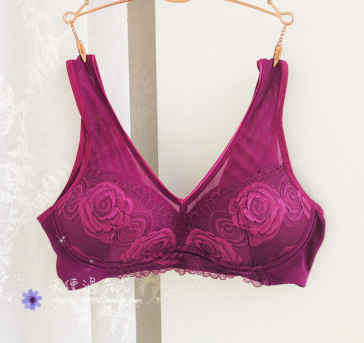 韩国无钢圈内衣女文胸透气薄款模杯玫瑰刺绣蕾丝显白紫红深酒红色