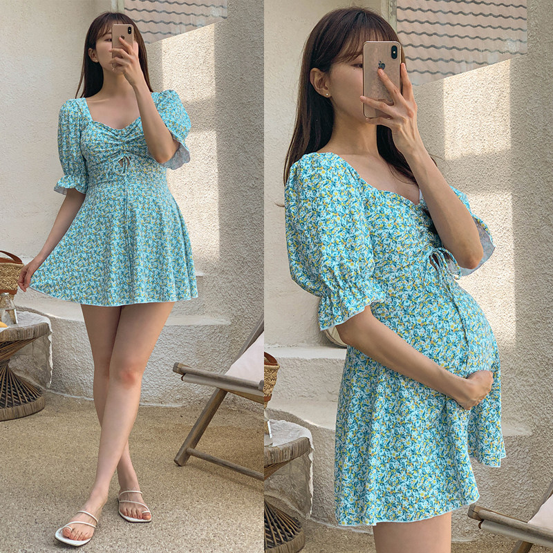 孕妇泳衣女保守遮肚碎花裙式游泳套装韩国渡假温泉分体泳装游泳裙