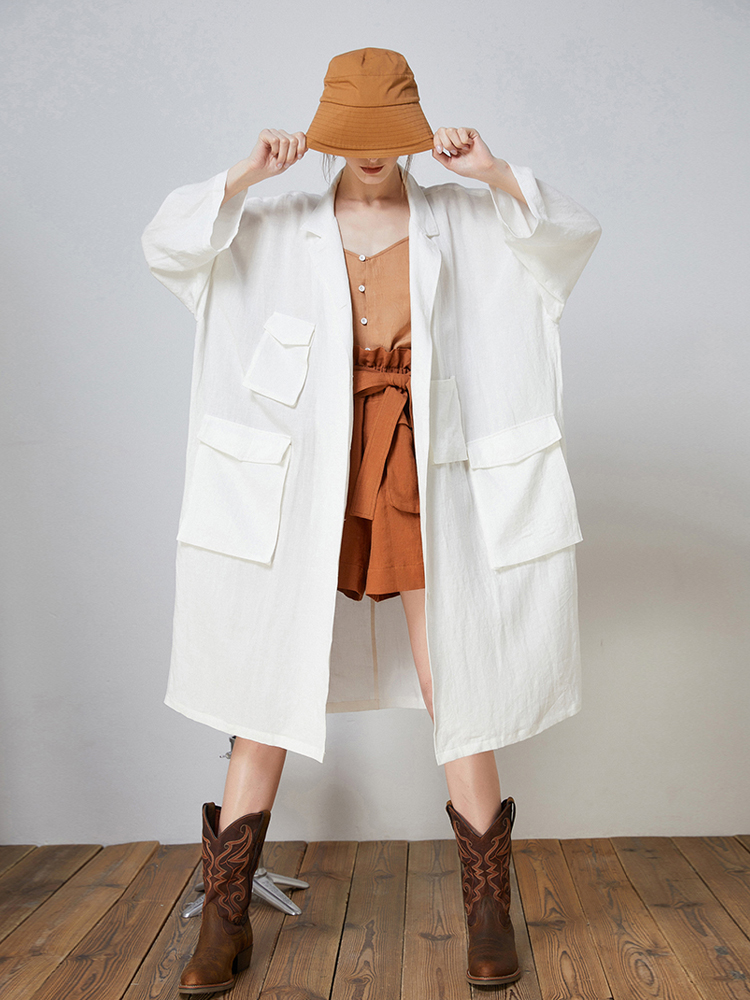 新款春夏亚麻女薄外套设计师气质外搭宽松白色防晒衣文艺长款风衣
