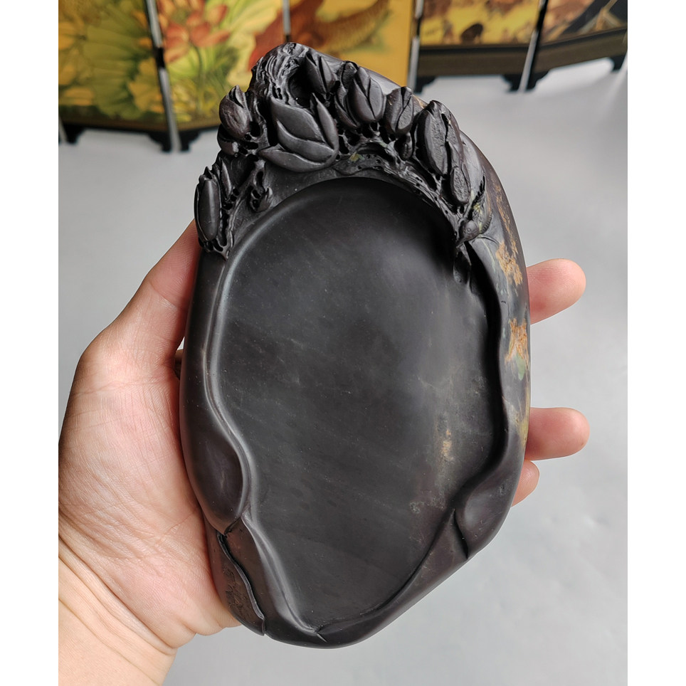 手工雕端砚台 老水麻子坑《芝兰玉树》端砚台 15.5x9x2.5cm