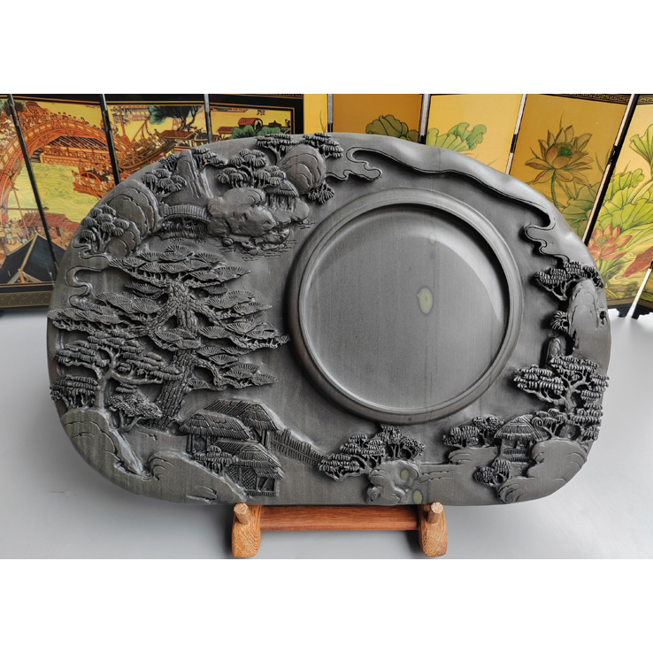 手工雕端砚台特价 梅花坑《晓日春色》端砚台 37.5x24.5x4cm