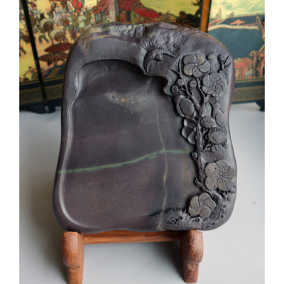 手工雕端砚台 坑仔岩《鸟语花香》端砚台 14x12x2.5cm