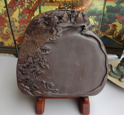 手工雕端砚台麻子山川美景