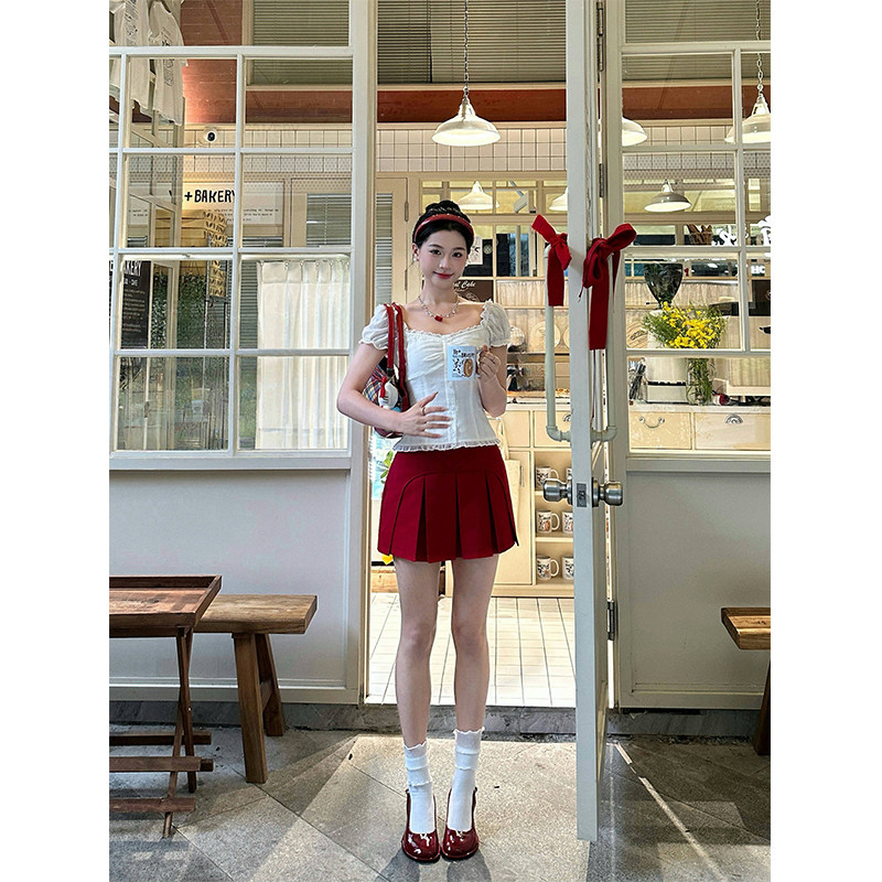 六指导 一见倾心 甜美荷叶边方领雪纺衫上衣遮肉显瘦减龄T恤夏女
