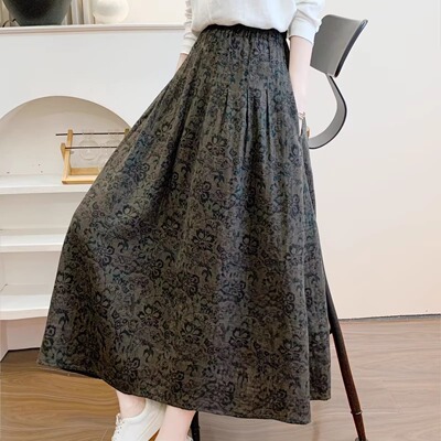 丝清美衣春秋新款文艺百搭口袋设计松紧腰半身裙中长款复古碎花裙