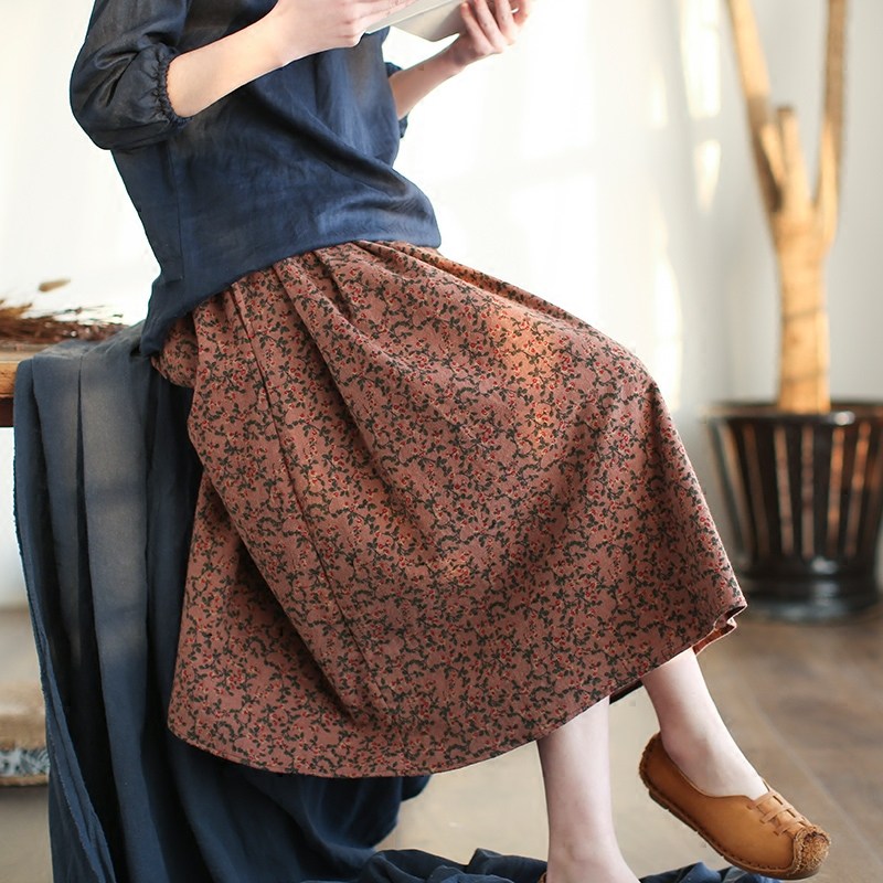 复古文艺范清新小碎花松紧腰全棉口袋百搭显瘦半身裙春秋新款女裙