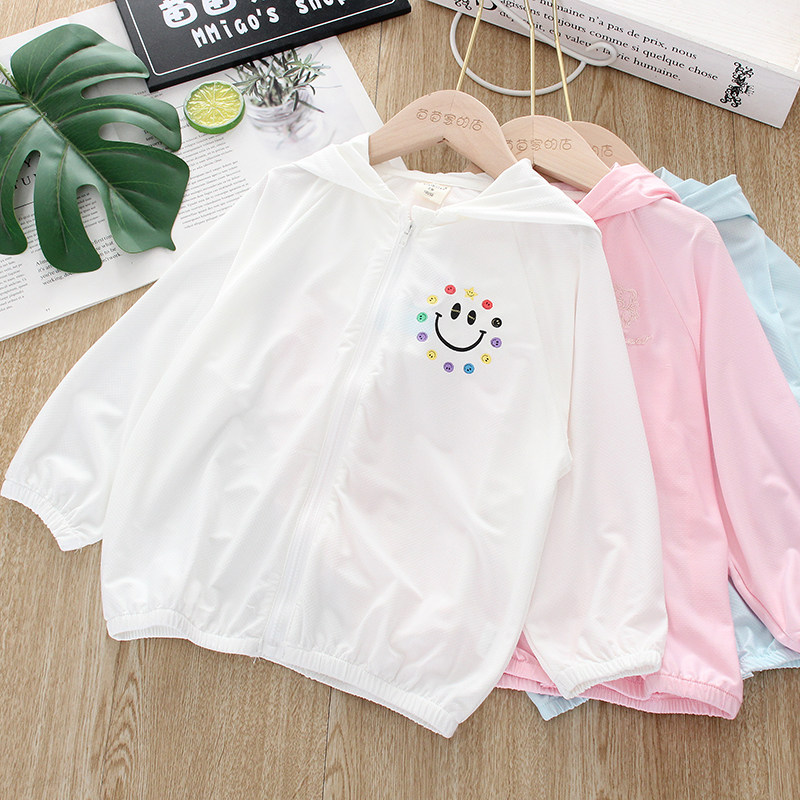 어린이 얼음 실크 면화 자외선 차단 의류  유행 후드 얇은 코트 소년과 소녀 웃는 얼굴 지퍼 카디건 여름 새로운 스타일